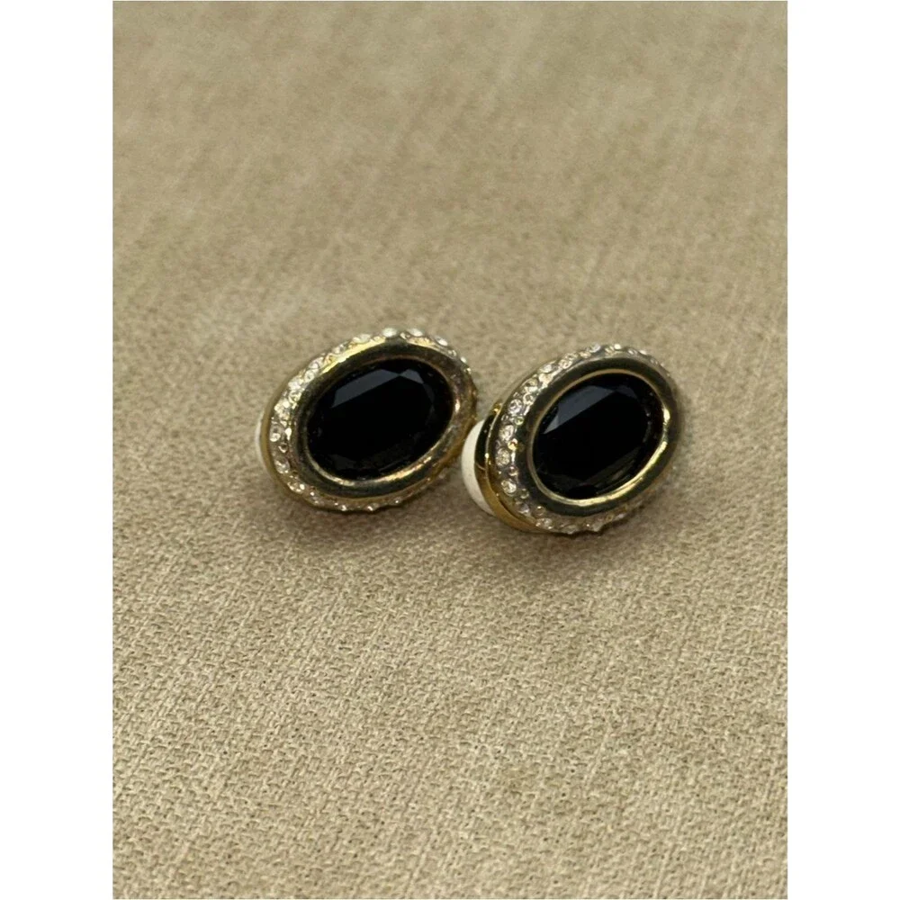vintage MV Vellano black onyx and rhinestone clip-on earrings